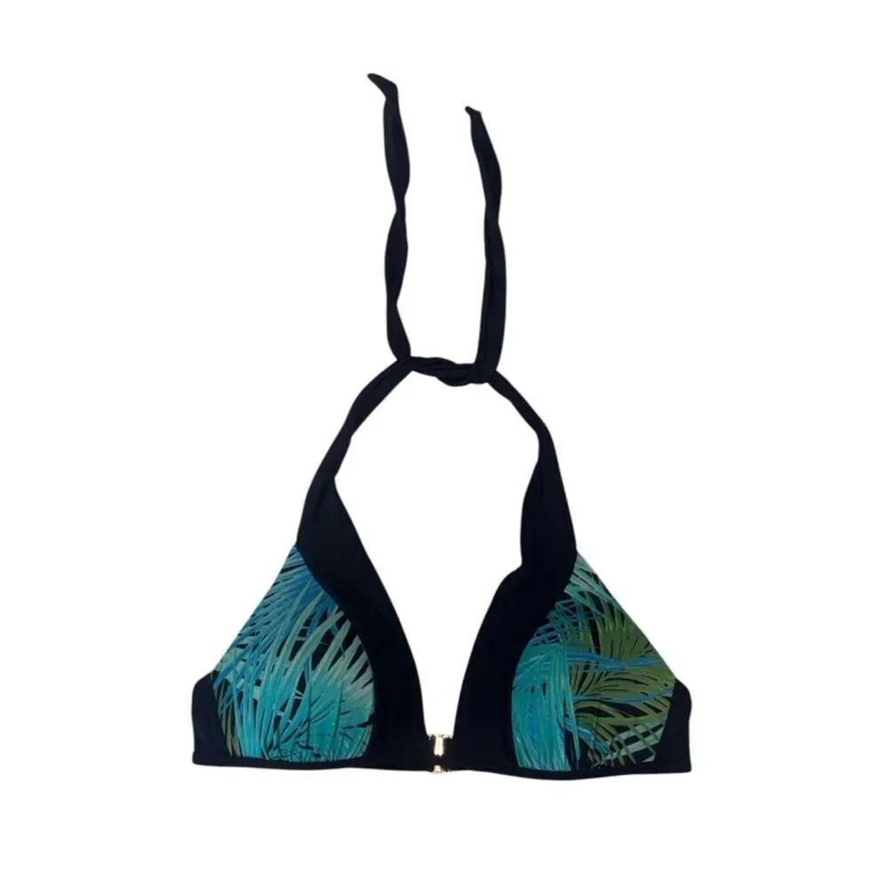 Black Halter Bikini Top with Teal Palm Print, L/XL